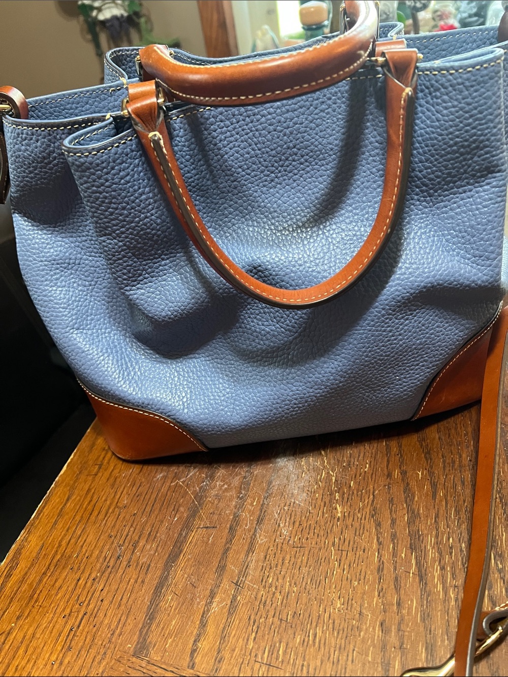 Dooney & Bourke Blue Pebbled Leather Satchel with Brown Trim - Picture 4 of 12
